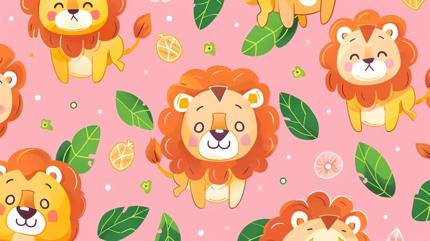 Photo a seamless pattern of cute and colorful cartoon lions the lions are various shades of orange and yellow with light pink accents