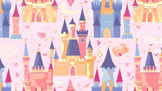 Photo a seamless pattern of cute and colorful castles