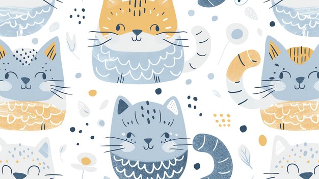 A seamless pattern of cute and colorful cats in a variety of poses