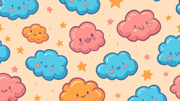 Photo a seamless pattern of cute and colorful clouds on a light orange background the clouds have different facial expressions and are surrounded by stars