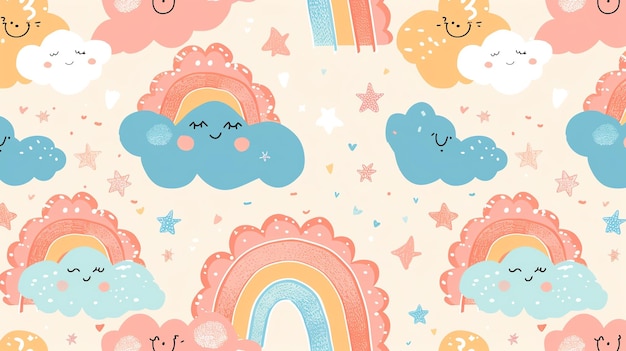 Photo a seamless pattern of cute and colorful clouds and rainbows