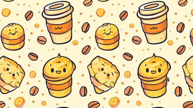 A seamless pattern of cute and colorful coffee cups and pastries The perfect background for a coffee shop bakery or cafe