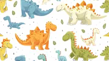 Photo a seamless pattern of cute and colorful dinosaurs on a white background the dinosaurs are all different colors and have different patterns