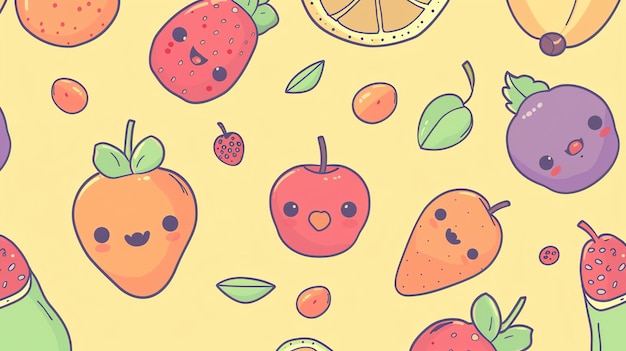 A seamless pattern of cute and colorful fruits The fruits have happy faces and are drawn in a cartoon style The background is a light yellow color