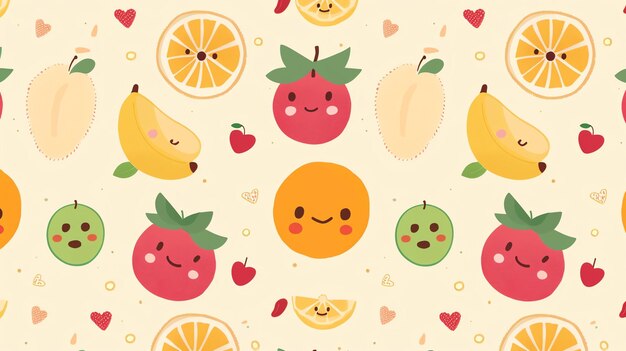 Photo a seamless pattern of cute and colorful fruits the fruits have happy faces and are surrounded by hearts the background is a light yellow color