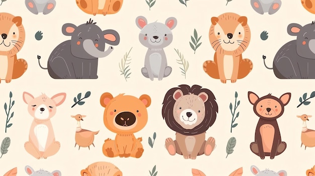 A seamless pattern of cute and colorful safari animals