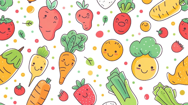 A seamless pattern of cute and colorful vegetables and fruits The pattern features carrots radishes tomatoes strawberries and lettuce