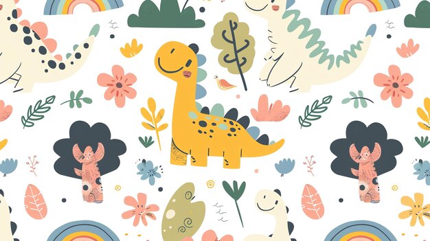 Photo a seamless pattern of cute dinosaurs and floral elements the dinosaurs are in a variety of colors and have different designs