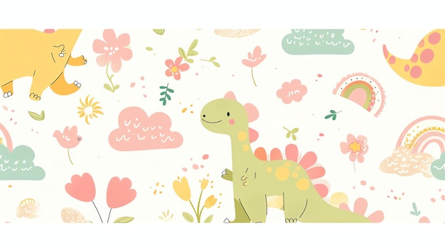 A seamless pattern of cute dinosaurs and rainbows on a cream background The dinosaurs are various colors including pink green and yellow