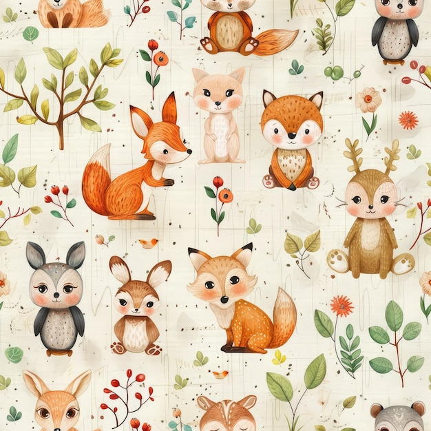 Seamless pattern cute forest animals