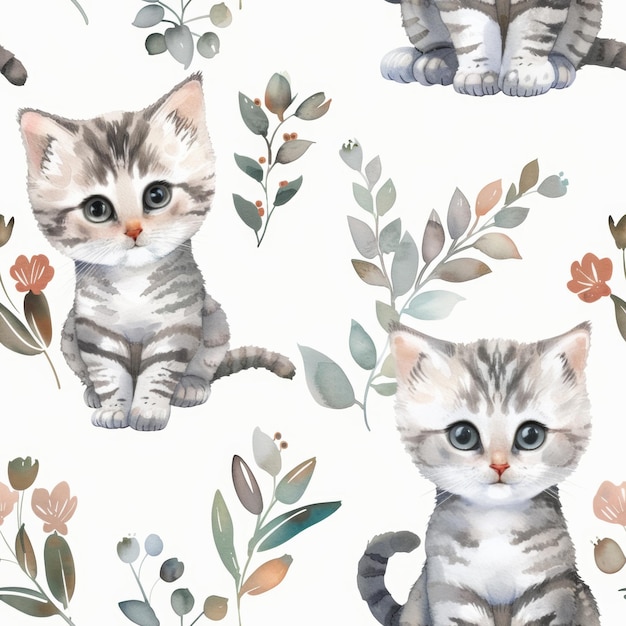 사진 색 배경에 있는 귀여운 새끼 고양이 물색 스타일의 무결한 패턴