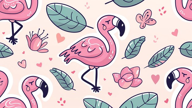 Photo a seamless pattern of cute pink flamingos with tropical leaves and flowers perfect for summer and beach themed projects