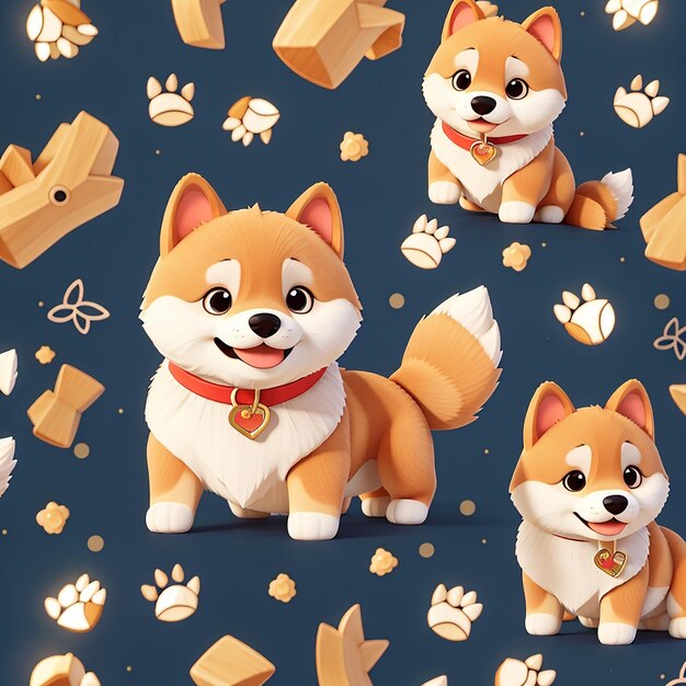 Seamless pattern cute shiba inu dog with bone and paw cartoon vector icon illustration animal flat