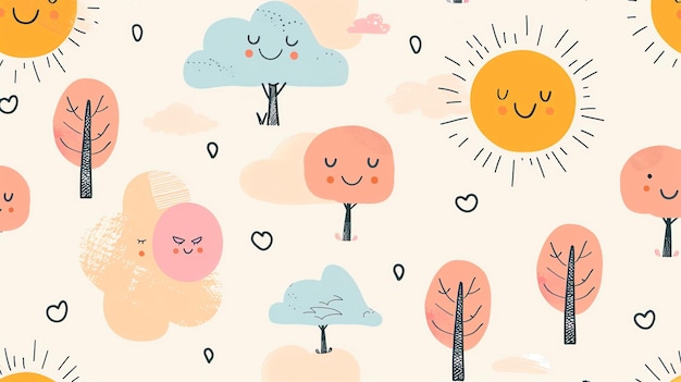 素敵で奇妙な手描きのイラストのシームレスなパターン 笑顔の太陽 ピンクの雲と幸せな木が描かれています