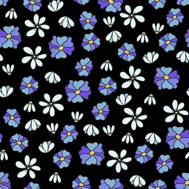 Seamless pattern of daisies and blue flowers in doodle style on black background