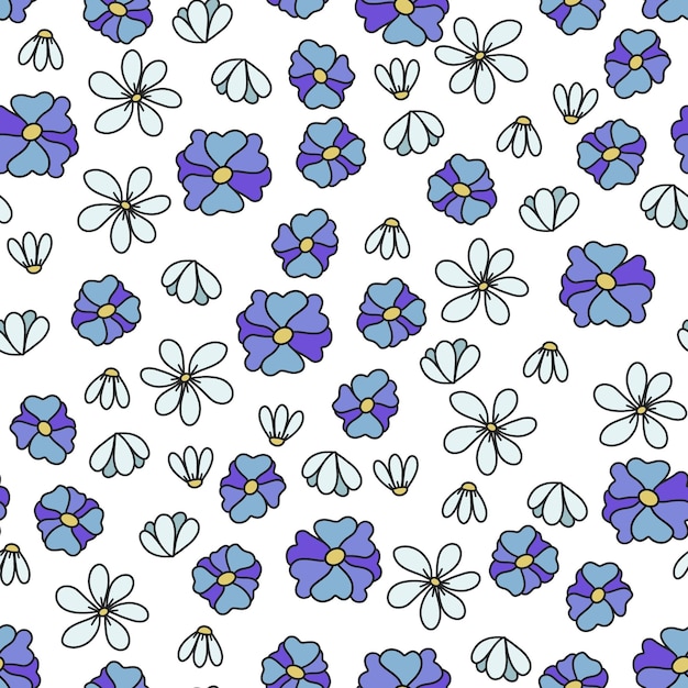 흰색 배경에 낙서 스타일의 데이지와 파란 꽃의 원활한 패턴