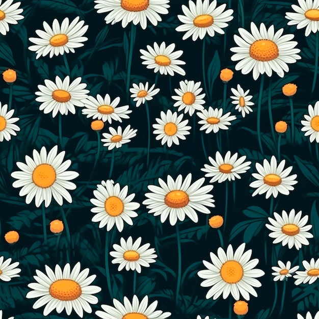 A seamless pattern of daisies on a dark background