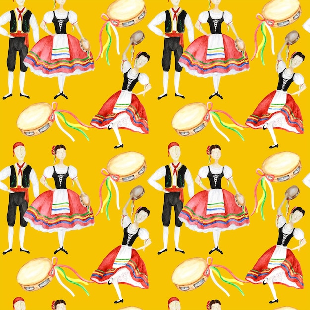 Seamless pattern Dancers in red national costume Italian tarantella tambourine on yellow background