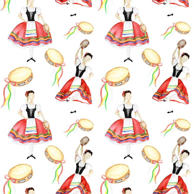 Seamless pattern Dancers in red national costume an Italian tarantella with a tambourine on white background. Woman dancer in folk costume Italy. Watercolor fabric texture