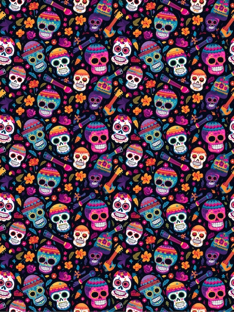 Seamless Pattern of day of dead skulls Mexican