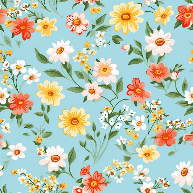 Photo seamless pattern delicate blue floral with red and yellow small flowers