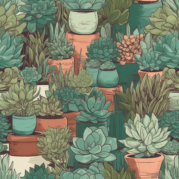 A seamless pattern of different succulents in pots.