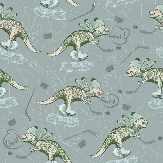 Seamless pattern of dinosaurs playing hockey.