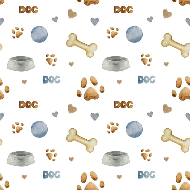 Photo seamless pattern of a dog bowl, bone and ball