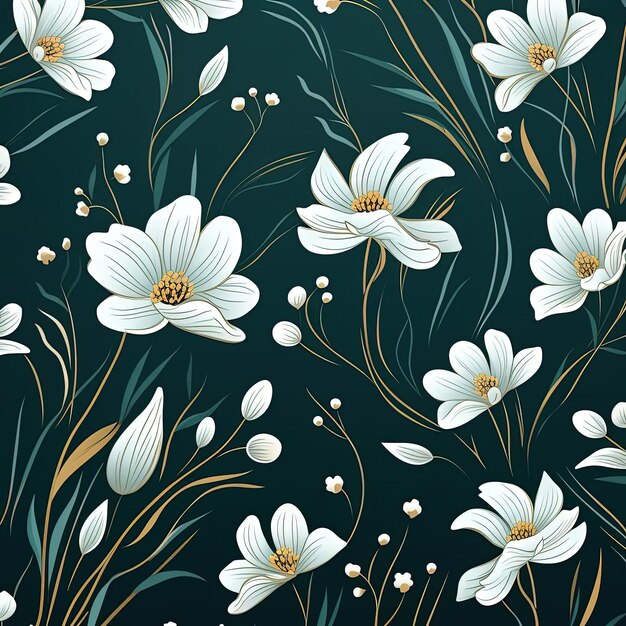 seamless pattern drawing of floral flowers on dark green background in the style of minimalist line