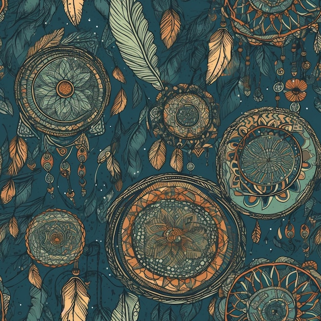 Seamless pattern of a dream catcher with feathers and feathers generative ai