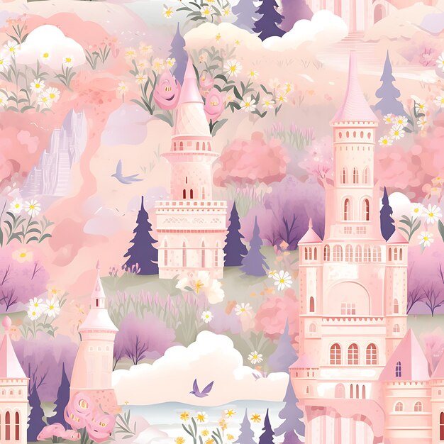 Seamless Pattern of a Dreamy Princess Castle with Shimmering Turrets and a Royal Garden