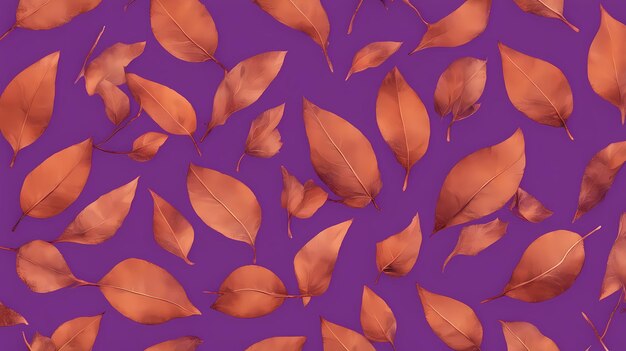 Seamless pattern of dry orange metallic leaves on violet background