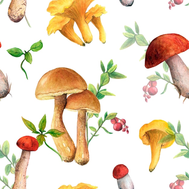 Seamless pattern of edible yellow mushrooms on a blue background with plants