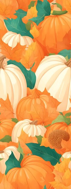 Seamless pattern of fall leaves pine cones and pumpkins ai generated