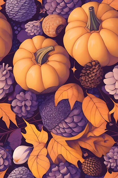 Seamless pattern of fall leaves pine cones and pumpkins ai generated