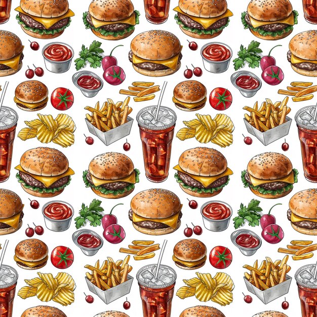 Seamless pattern fast food vector style hamburgers