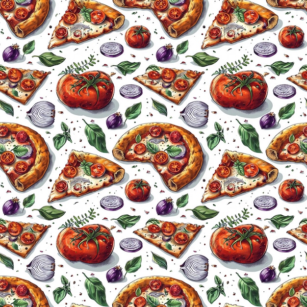 Seamless pattern fast food vector style of pizza slices