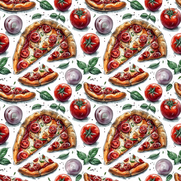 Seamless pattern fast food vector style of pizza slices