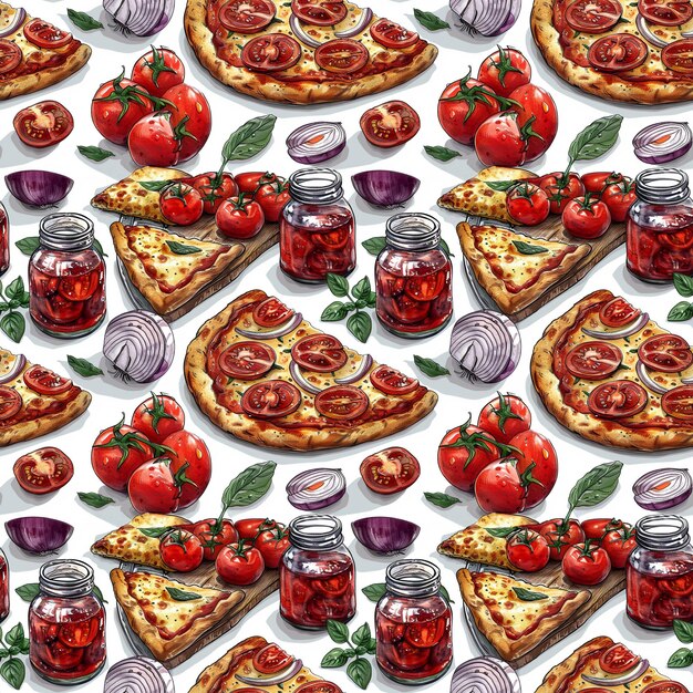 Seamless pattern fast food vector style of pizza slices