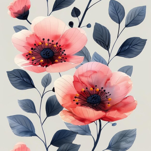 The seamless pattern features handpainted watercolor pink flowers and leaves