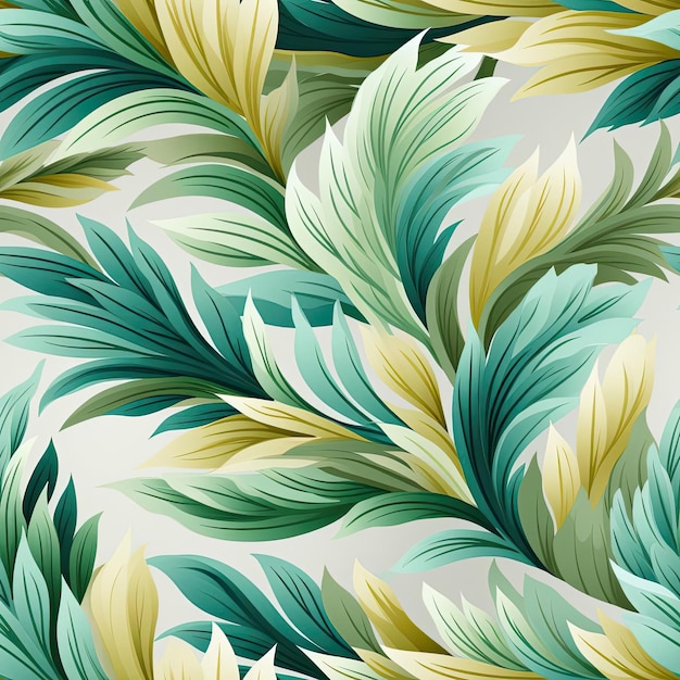 Seamless pattern featuring green leaves in blue yellow and white with rococo pastel colors