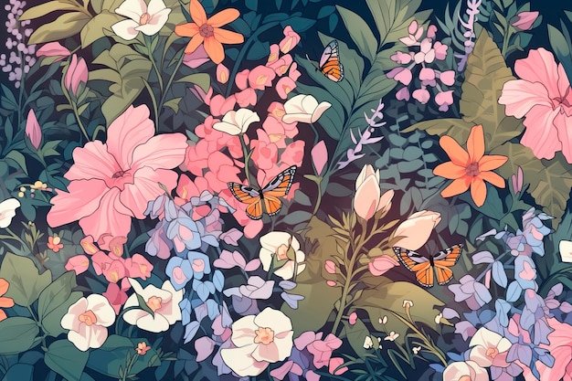 Seamless pattern featuring handdrawn illustrations of flowers and foliage generative ai