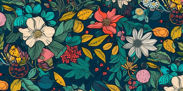 Seamless pattern featuring handdrawn illustrations of flowers and foliage Generative AI