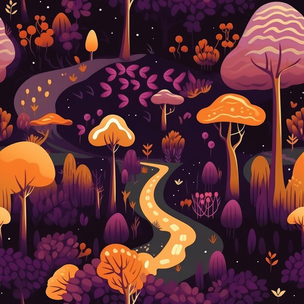 Photo seamless pattern of flat fantasy trees and mushrooms mystical forest