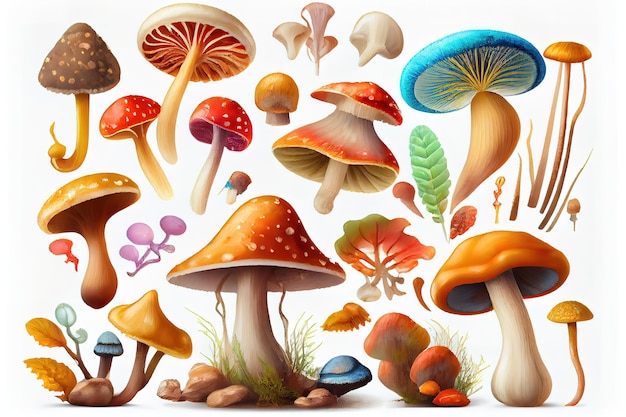 Seamless pattern of flat hand drawn champignon mushrooms on white background Generative Ai