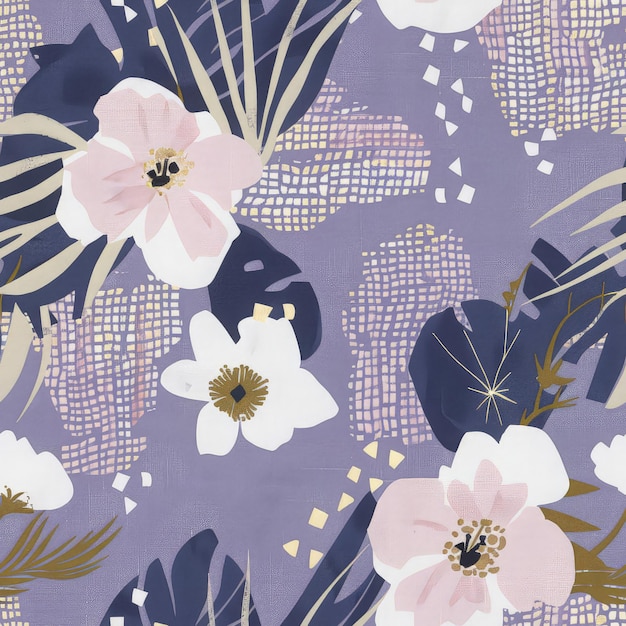 A seamless pattern of floral and geometric shapes in soft lavender navy blue pink gold on a purple
