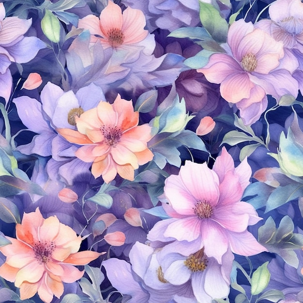 Seamless pattern floral and leaves with watercolor