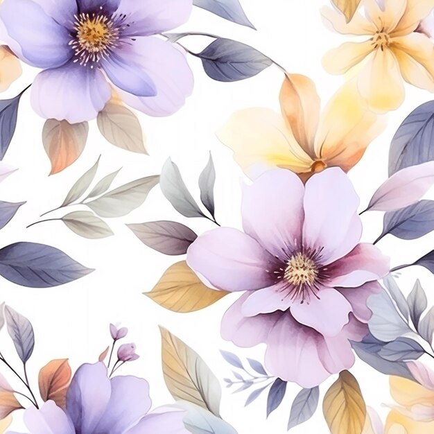 Seamless pattern floral and leaves with watercolor