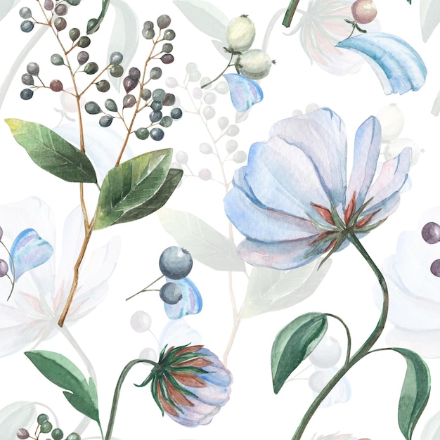 A seamless pattern of flowers and berries on a white background.