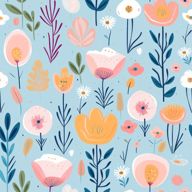 Photo seamless pattern of flowers on a blue background, featuring nature-based designs in light pink and light amber. created by tracie grimwood, this pattern showcases cute cartoonish designs with brushstr